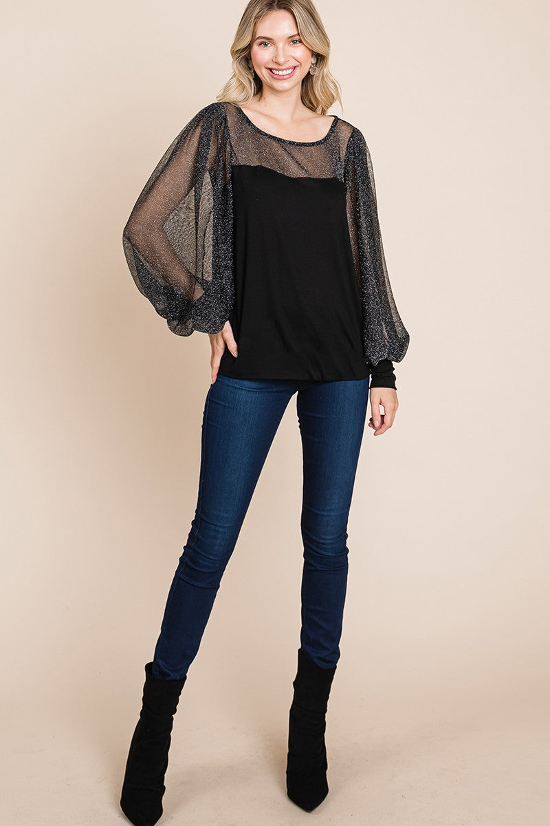 TEEK - Super Lady Black Metallic Mesh Lantern Sleeve Blouse TOPS TEEK Trend