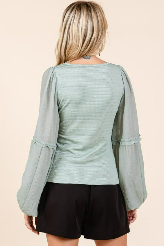 TEEK - Sage Mixed Media Textured Long Sleeve Top TOPS TEEK Trend