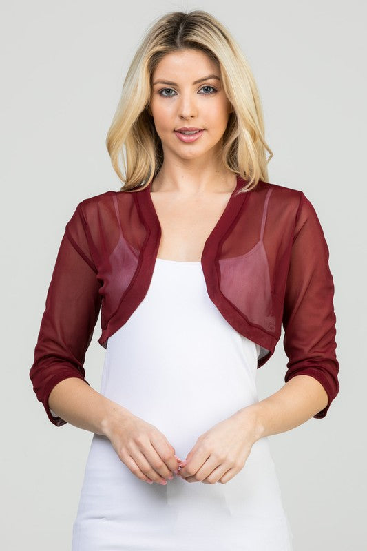 TEEK - 3/4 Sleeve Sheer Chiffon Open Front Bolero TOPS TEEK FG Burgundy S
