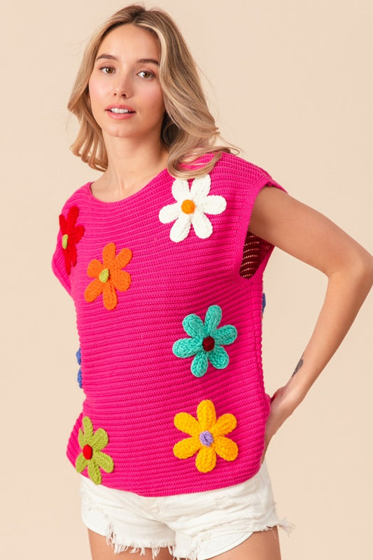 TEEK - Fuschia Flower Round Neck Cap Sleeve Knit Top SWEATER TEEK Trend