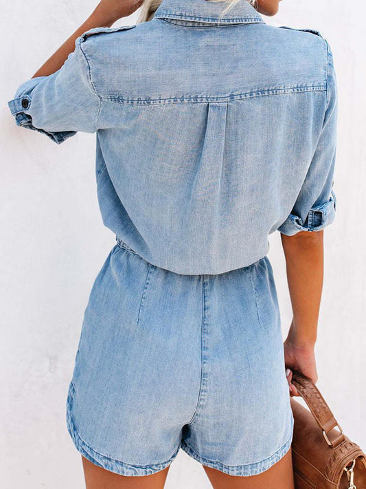 TEEK - Light Wash Drawstring Button Belted Sleeve Denim Romper JUMPSUIT TEEK Trend