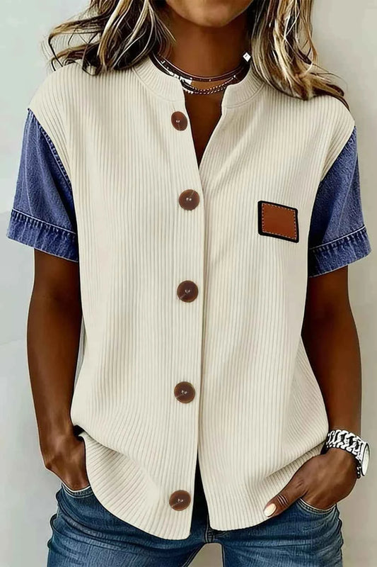 TEEK - Ribbed Knit Button-Down Shirt with Denim Sleeves TOPS TEEK Trend