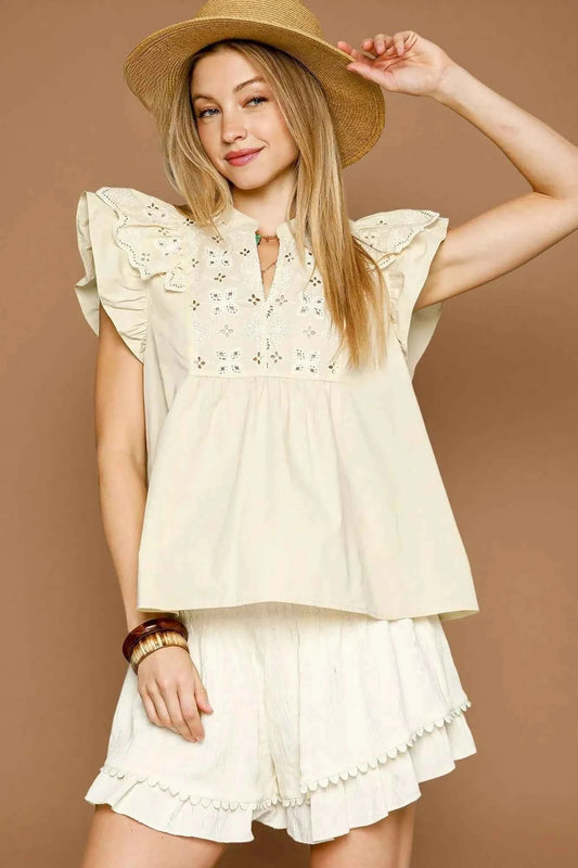 TEEK - Eyelet Embroidered Ruffle Sleeve Blouse TOPS TEEK Trend