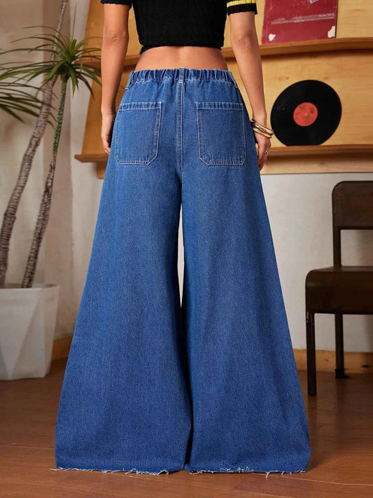 Wide Leg Drawstring Waist Ripped Hem Jeans Trendsi