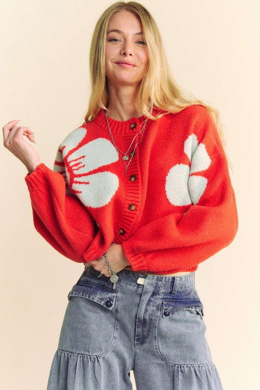 TEEK - Orange Flower Contrast Long Sleeve Cardigan SWEATER TEEK Trend