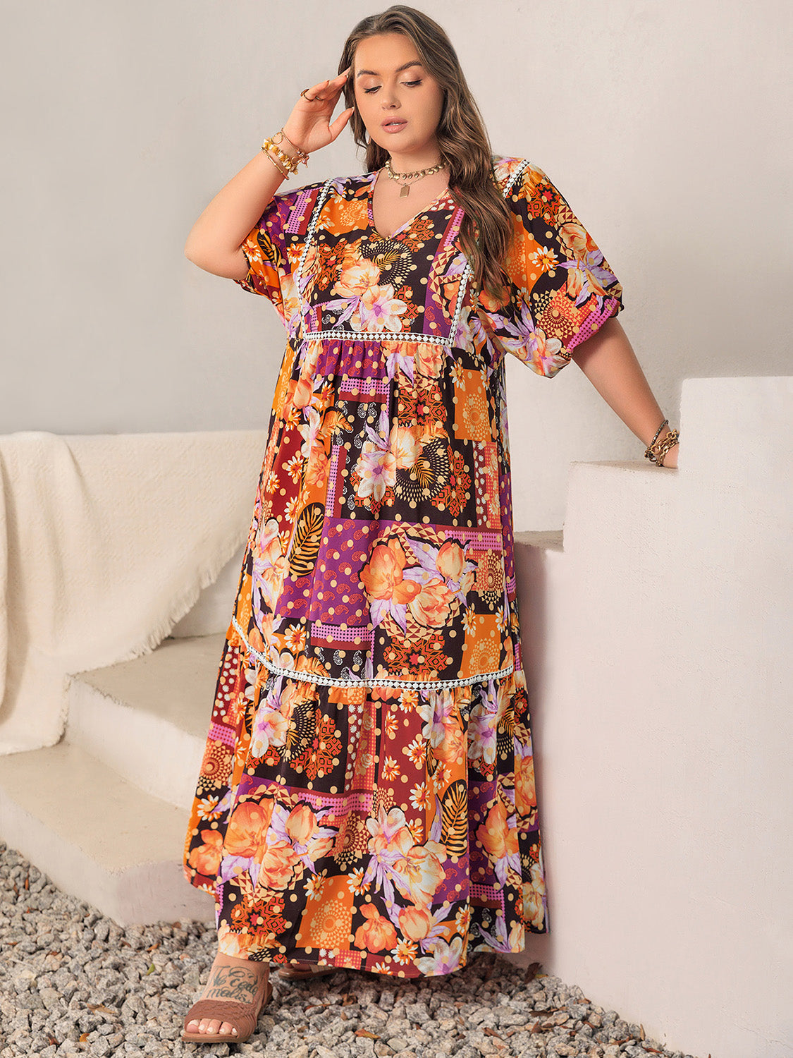 TEEK - Multicolor Plus Size Printed V-Neck Half Sleeve Maxi Dress DRESS TEEK Trend