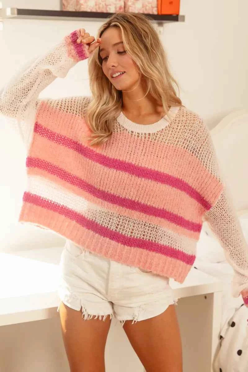 TEEK - Hollow Out Yoke Detail Striped Sweater TOPS TEEK Trend