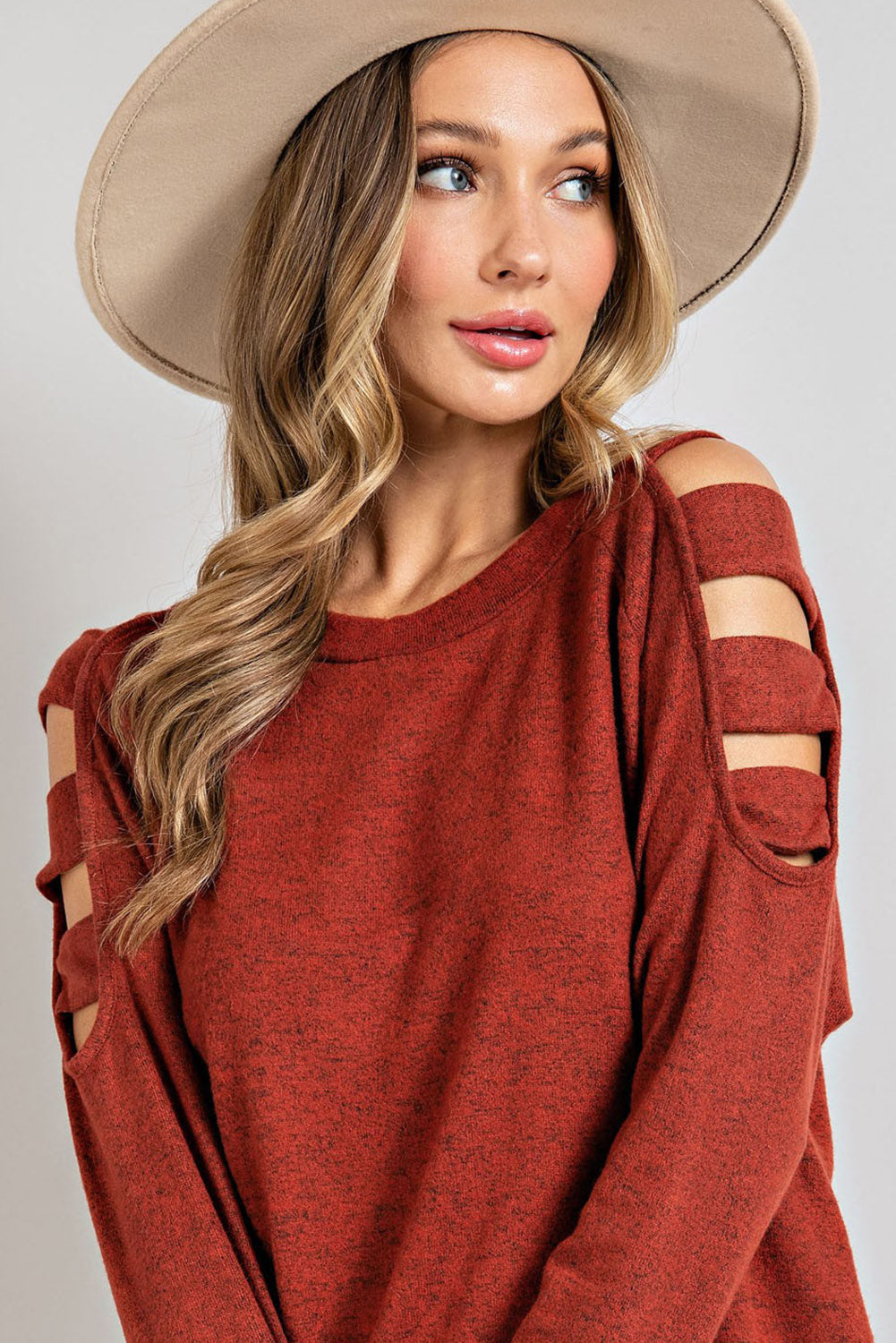TEEK - Rust Cutout Round Neck Long Sleeve Top TOPS TEEK Trend