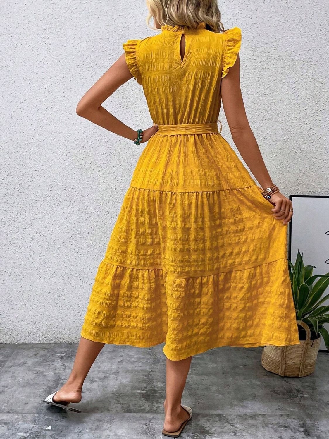 TEEK - Tied Ruffled Cap Sleeve Belted Dress DRESS TEEK Trend