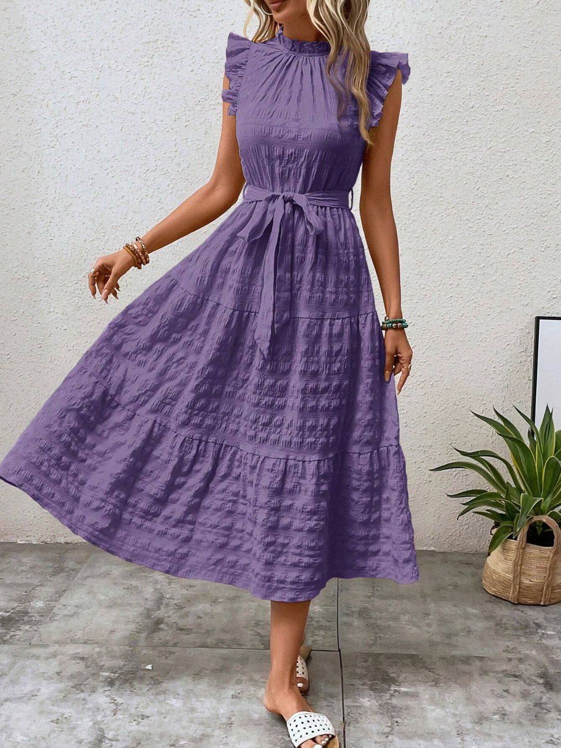 TEEK - Tied Ruffled Cap Sleeve Belted Dress DRESS TEEK Trend Purple S