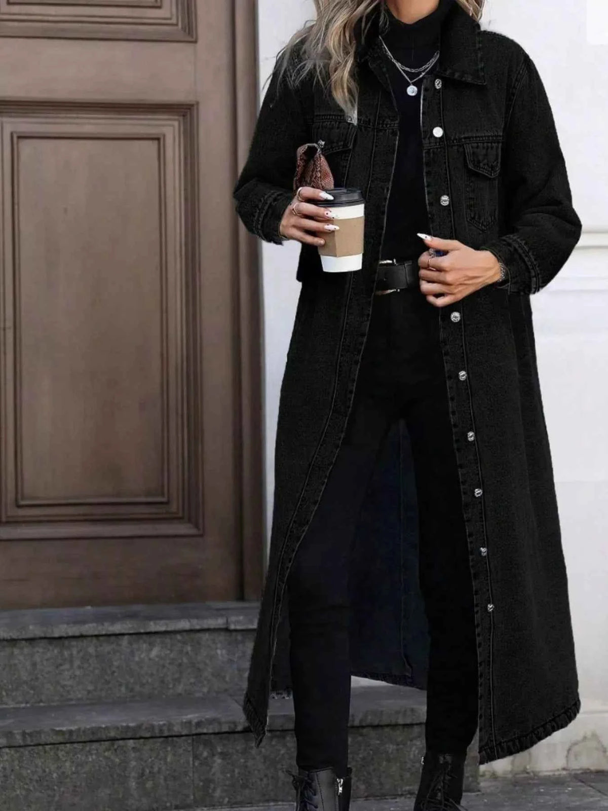 TEEK - Longline Button-Front Denim Coat COAT TEEK Trend Black S