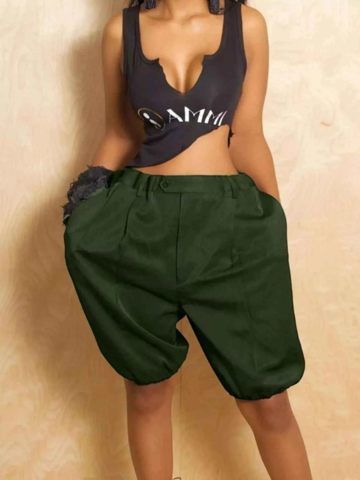 TEEK - Pleated Detail High Waist Shorts SHORTS TEEK Trend Military Green S