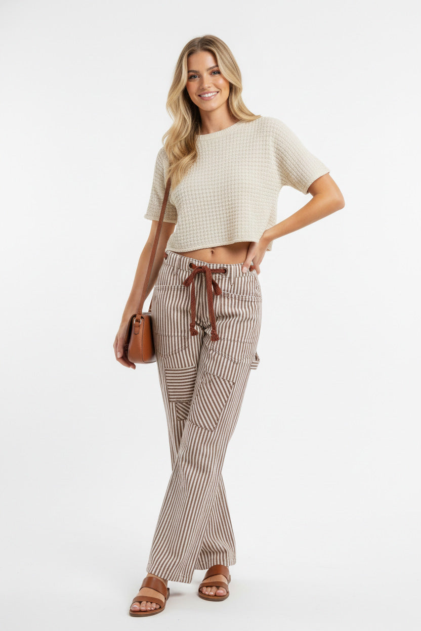 TEEK - Drawstring Striped Twill Barrel Pants PANTS TEEK Trend