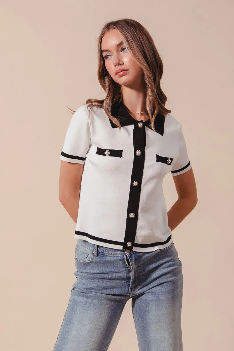 TEEK - Ivory Black Button Down Knitted Sweater Shirt Top TOPS TEEK Trend
