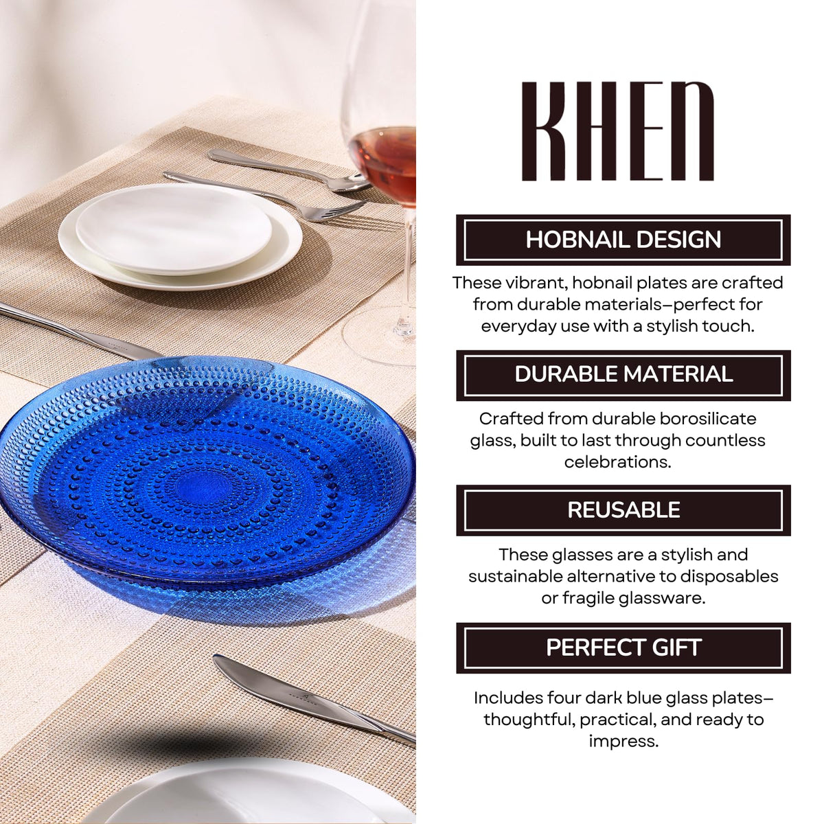 TEEK - Glass Hobnail Dinner Charger Plates Set | Dark Blue HOME DECOR TEEK KS