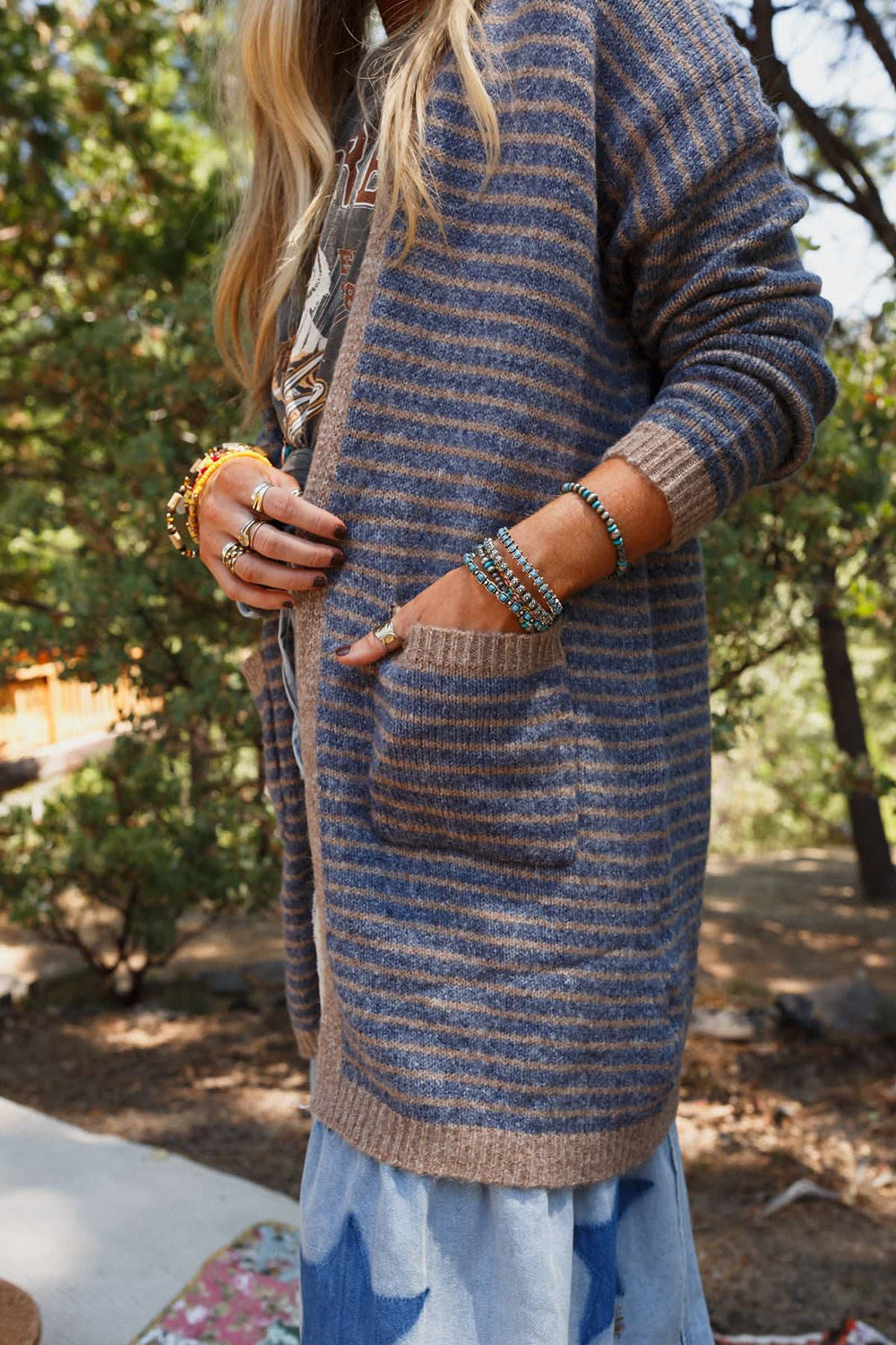 TEEK - Dusty Blue Open Front Long Sleeve Striped Cardigan SWEATER TEEK Trend