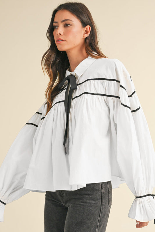 TEEK - White Ribbon Bowtie Collared Neck Flounce Sleeve Shirt TOPS TEEK Trend