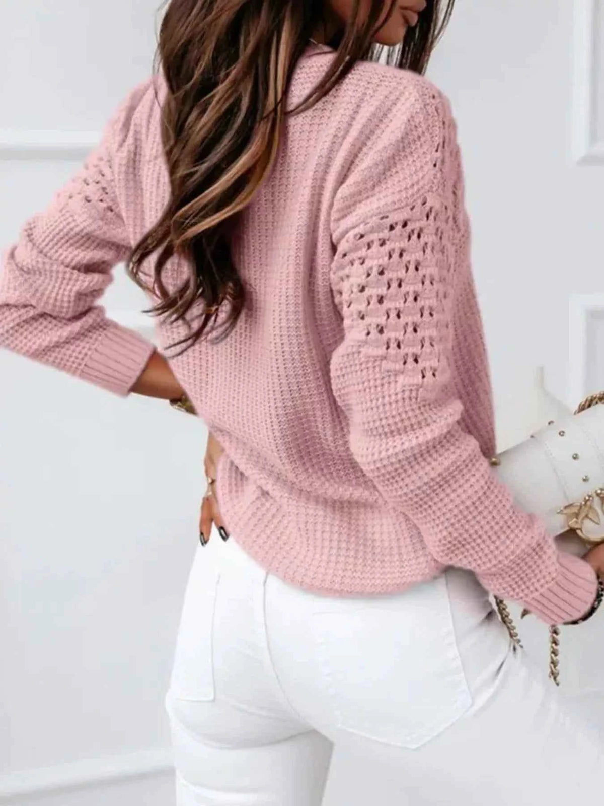 TEEK - Textured Openwork Round Neck Sweater TOPS TEEK Trend