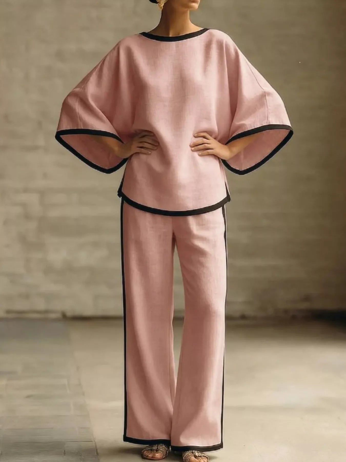 Full Size Contrast Trim Top and Wide-Leg Pants Set Plus Size Trendsi Pink S