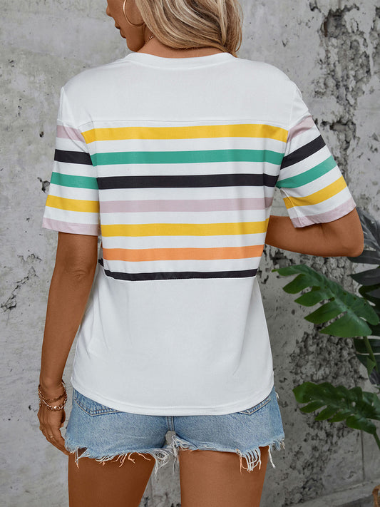 TEEK - White Striped Round Neck Short Sleeve T-Shirt TOPS TEEK Trend