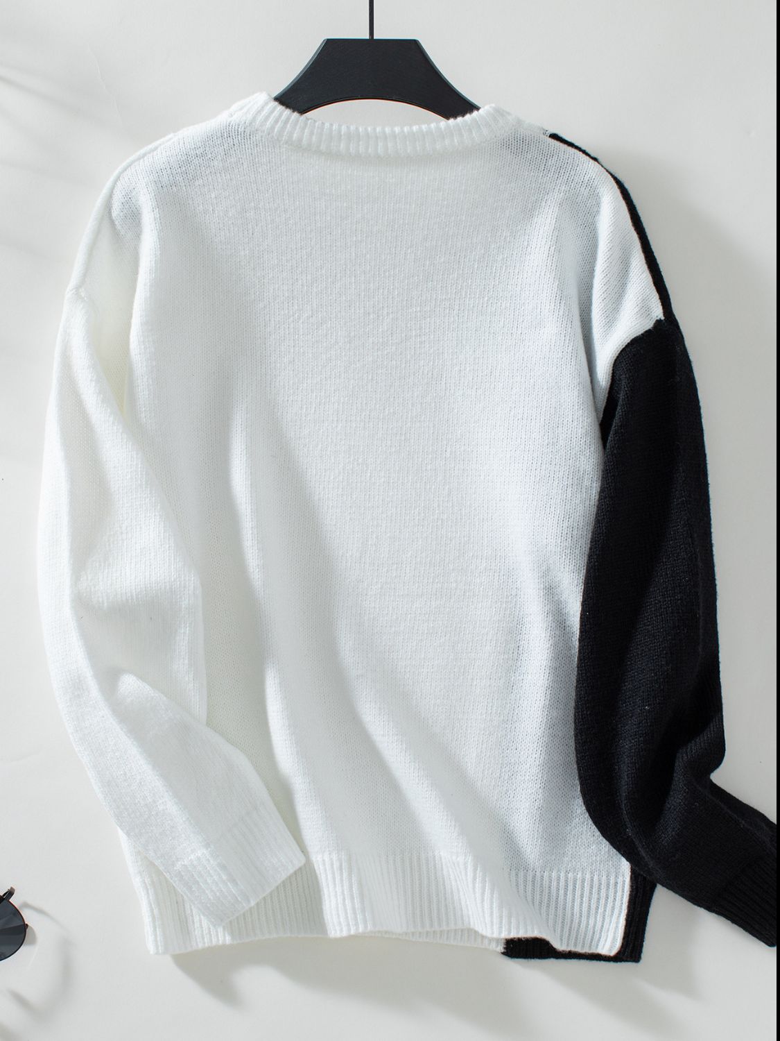 TEEK - Two Tone Cable Knit Round Neck Long Sleeve Sweater TOPS TEEK Trend