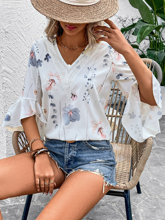 TEEK - Honey Ruffled Printed V-Neck Half Sleeve Blouse TOPS TEEK Trend