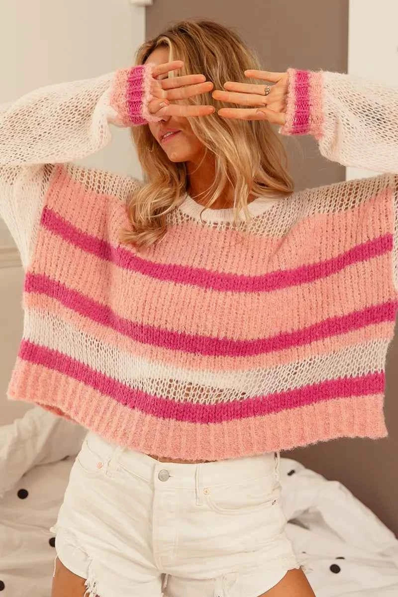 TEEK - Hollow Out Yoke Detail Striped Sweater TOPS TEEK Trend