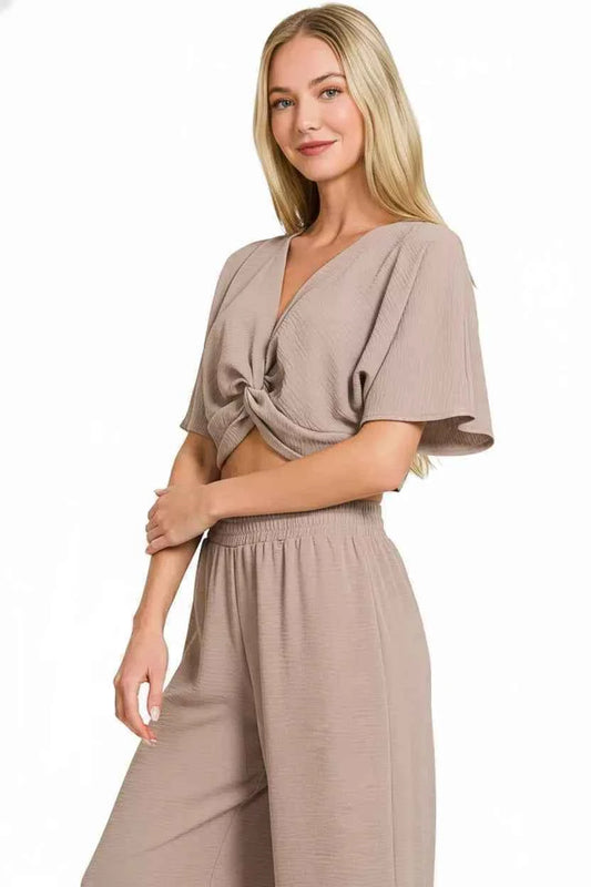 TEEK - Woven Airflow Twisted Top & Wide Leg Pants Set SET TEEK Trend
