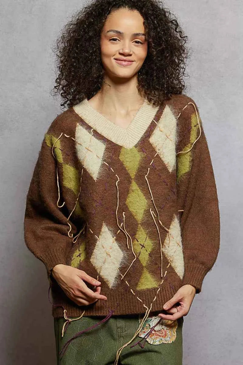 TEEK - V-Neck Argyle Pattern Mohair Contrast Exposed Stitch Sweater TOPS TEEK Trend