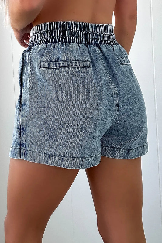 TEEK - Drawstring High Waist Pocketed Medium Wash Denim Skort SHORTS TEEK Trend