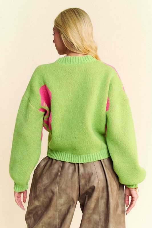 TEEK - Lime Flower Contrast Long Sleeve Cardigan SWEATER TEEK Trend
