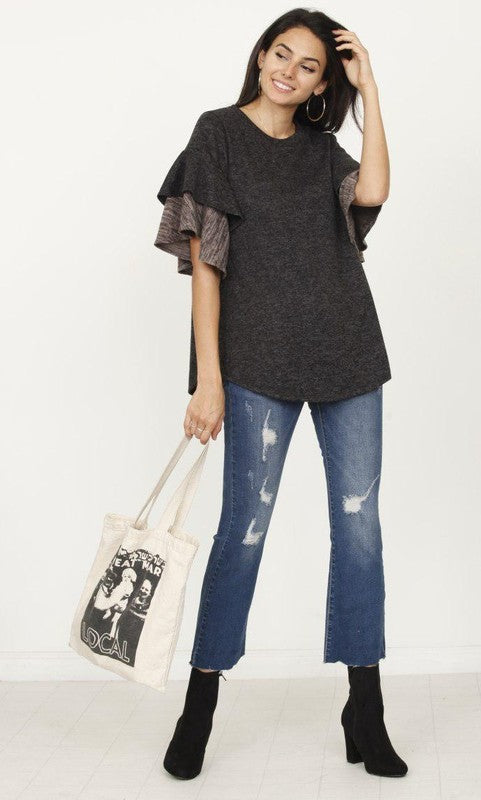 TEEK - Plus Size Color Block Sleeve Ruffle Knit Top TOPS TEEK FG