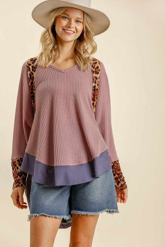 TEEK - Dusty Pink Leopard High-Low Dolman Sleeve Waffle Knit Top TOPS TEEK Trend