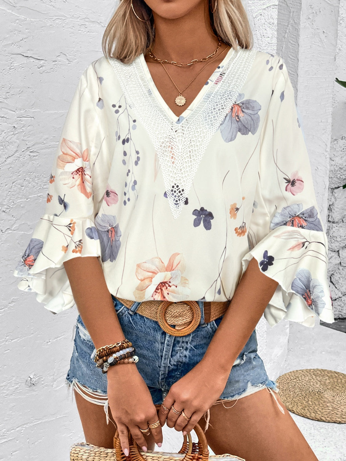 TEEK - Honey Ruffled Printed V-Neck Half Sleeve Blouse TOPS TEEK Trend