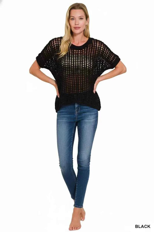 TEEK - Fish Net Short Sleeve Crochet Knit Cover Up TOPS TEEK Trend