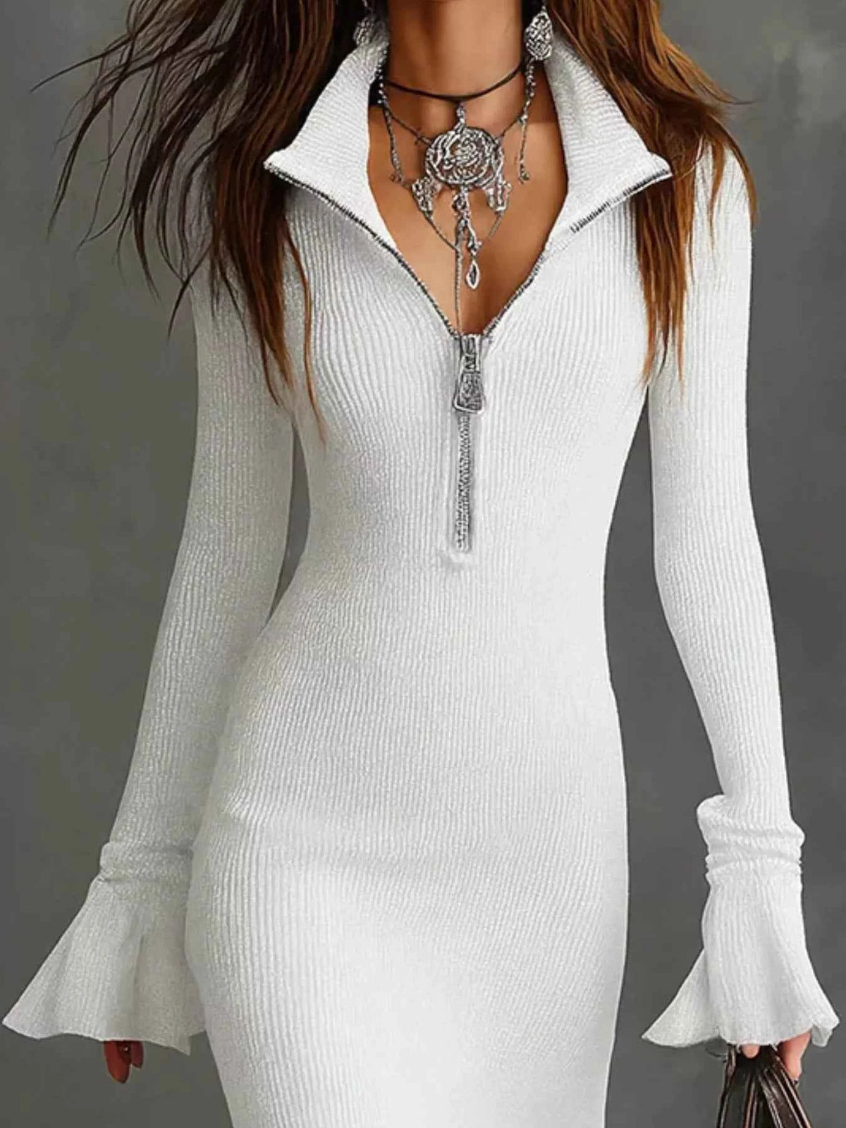 TEEK - Ribbed Knit Zip Front Flare Hem Midi Dress Trendsi