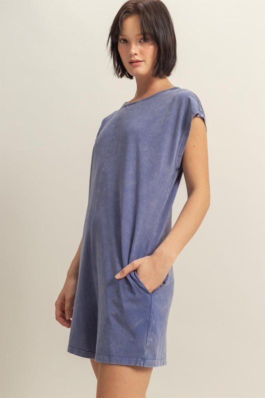 TEEK - Dusty Blue Round Neck Cap Sleeve Relaxed Fit Breezy Romper JUMPSUIT TEEK Trend