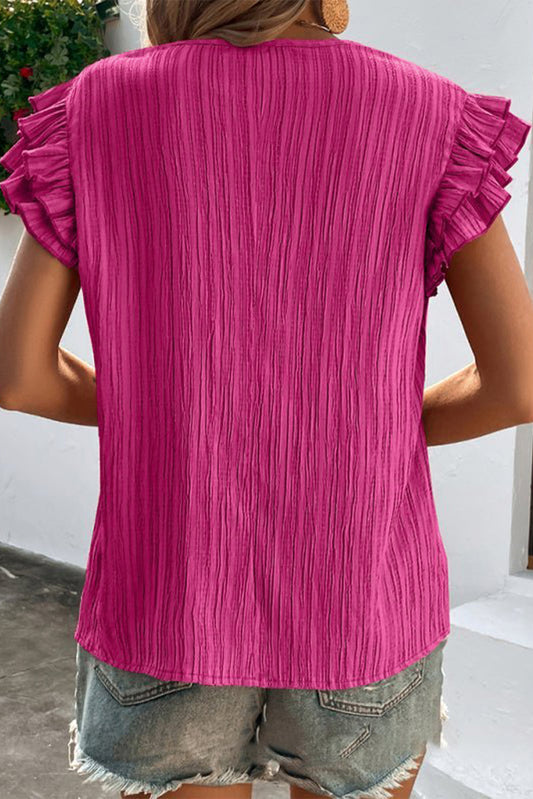 TEEK - Deep Rose Ruffled Tie Neck Cap Sleeve Blouse TOPS TEEK Trend