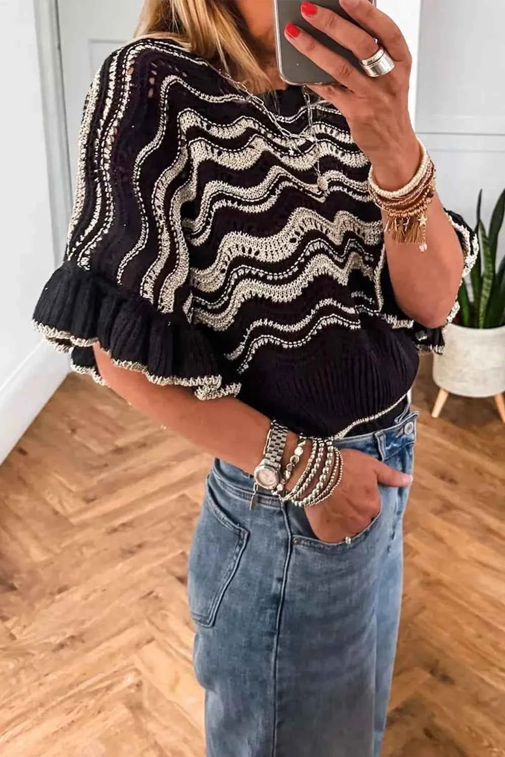 TEEK - Wave Pattern Ruffle Sleeve Sweater TOPS TEEK Trend