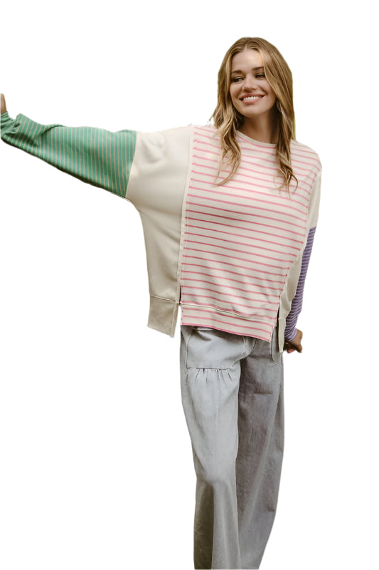 TEEK - Pink Exposed Seam Slit Striped Round Neck Shirt TOPS TEEK Trend S