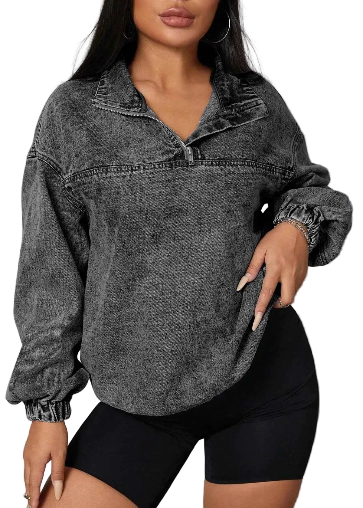 TEEK - Elastic Hem Quarter Zip Denim Top TOPS TEEK Trend Dark Gray S