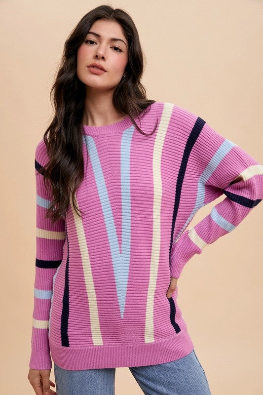 TEEK - Orchid Chevron Stripe Round Neck Ribbed Sweater TOPS TEEK Trend
