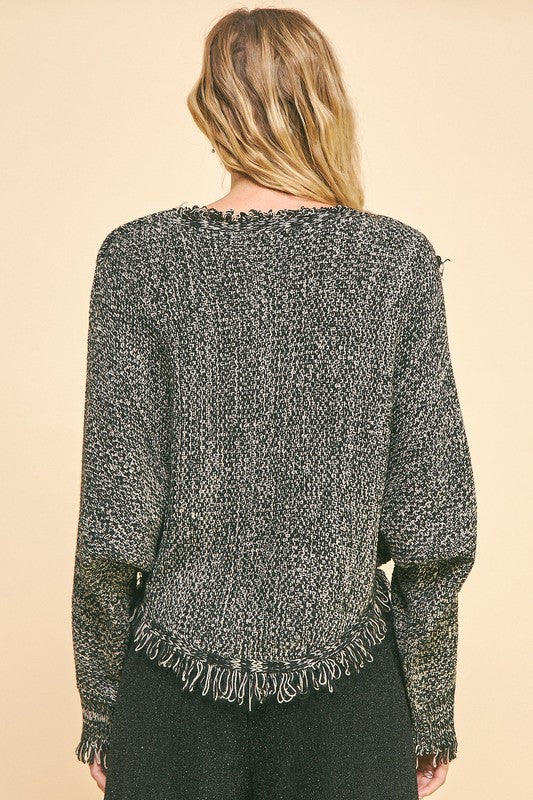 TEEK - Grey Black Fringe Hem Overlapping Asymmetrical Crop Sweater TOPS TEEK Trend