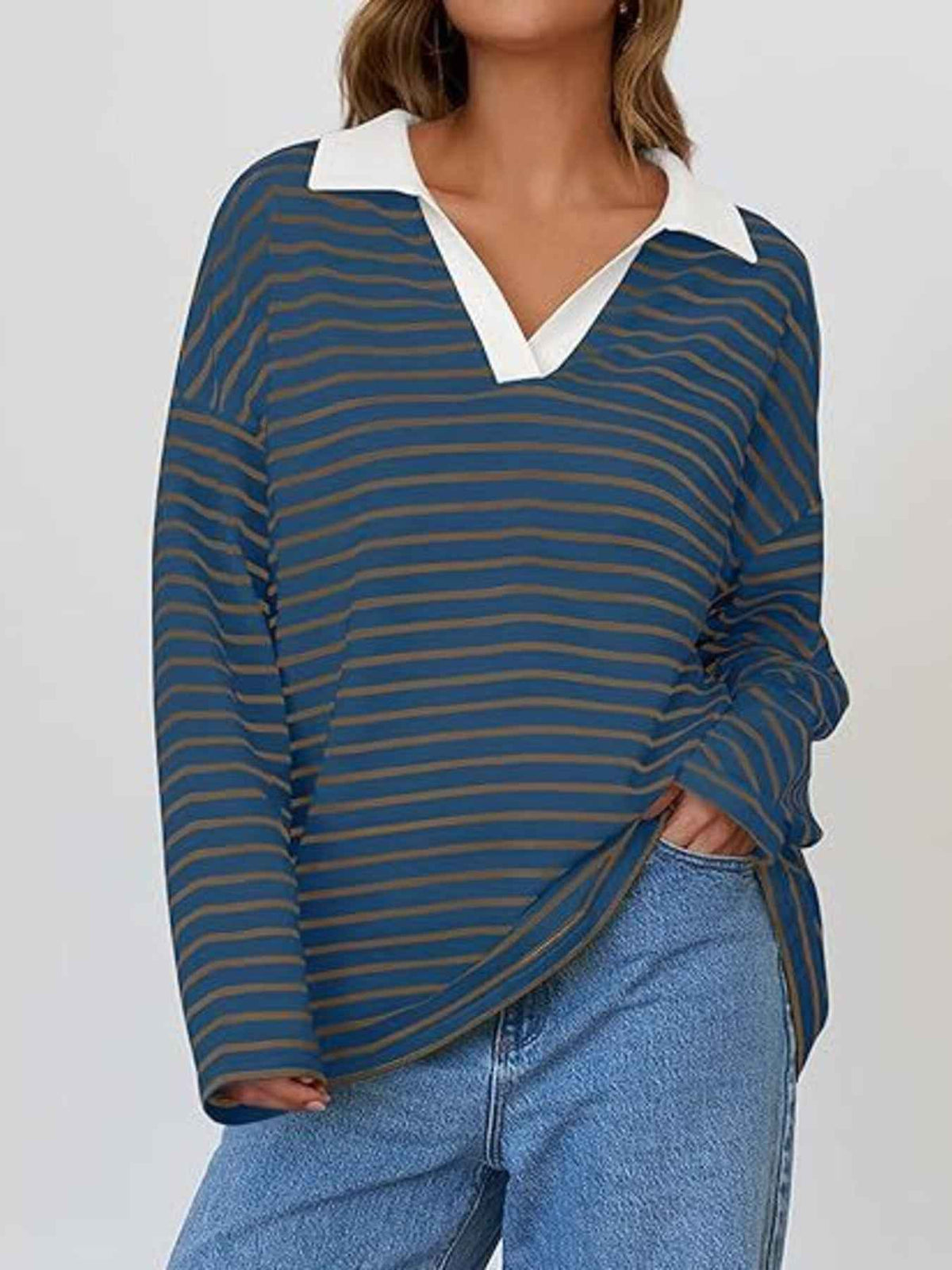 TEEK - Striped Contrast Collar Long Sleeve Top TOPS TEEK Trend Dark Blue S