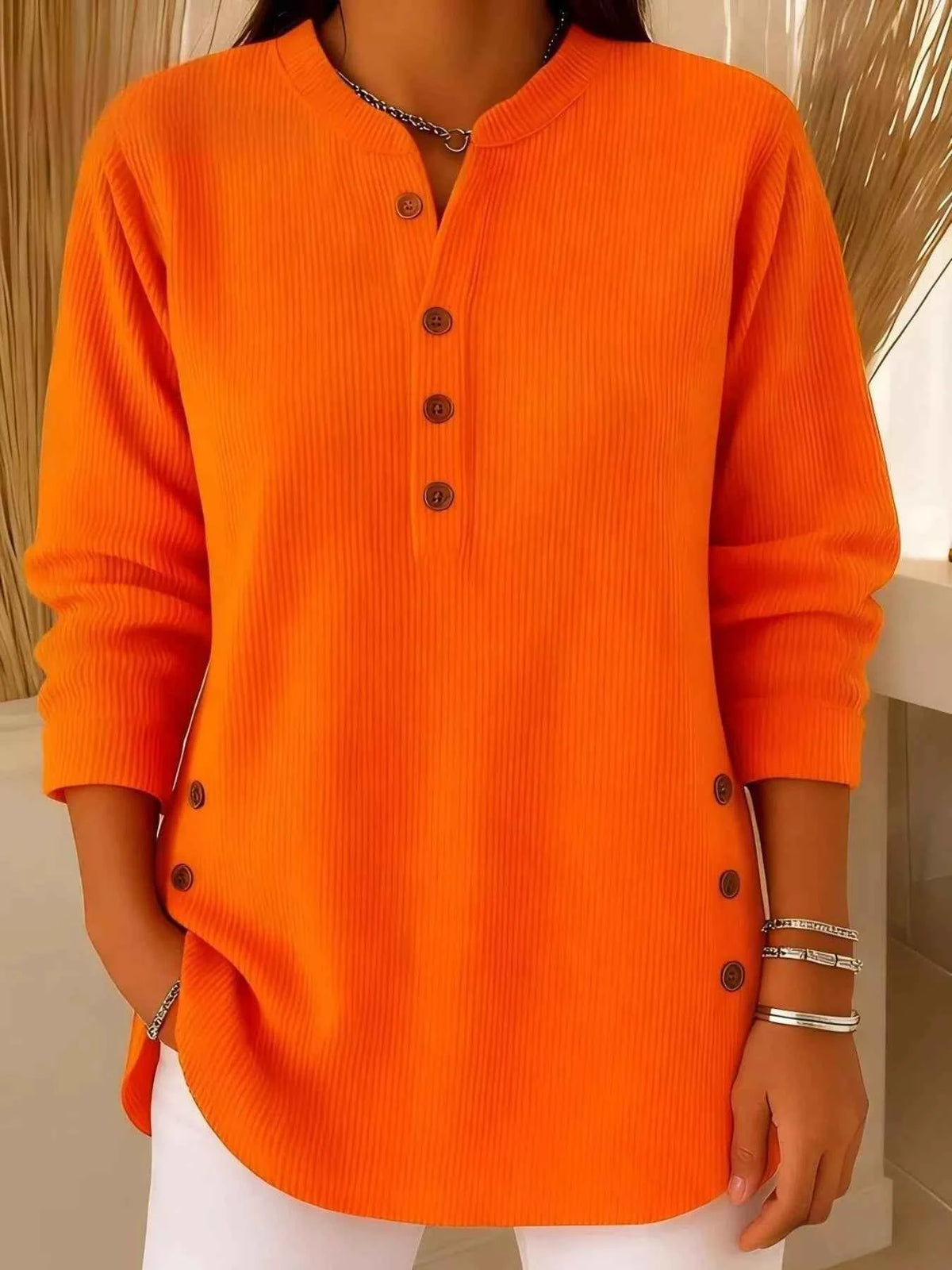 TEEK - Full Size Ribbed Half Button Henley Top Plus Size TOPS TEEK Trend Orange S