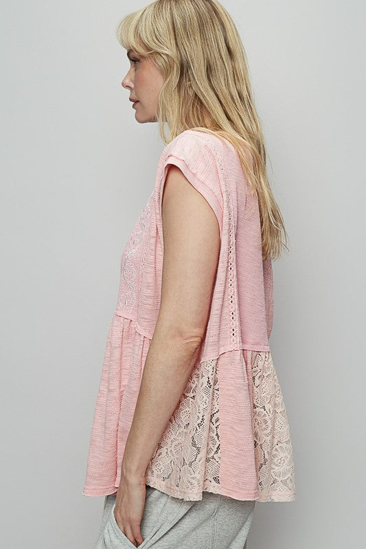 TEEK - Blush Pink Embroidered Boat Neck Cap Sleeve Lace Blouse TOPS TEEK Trend