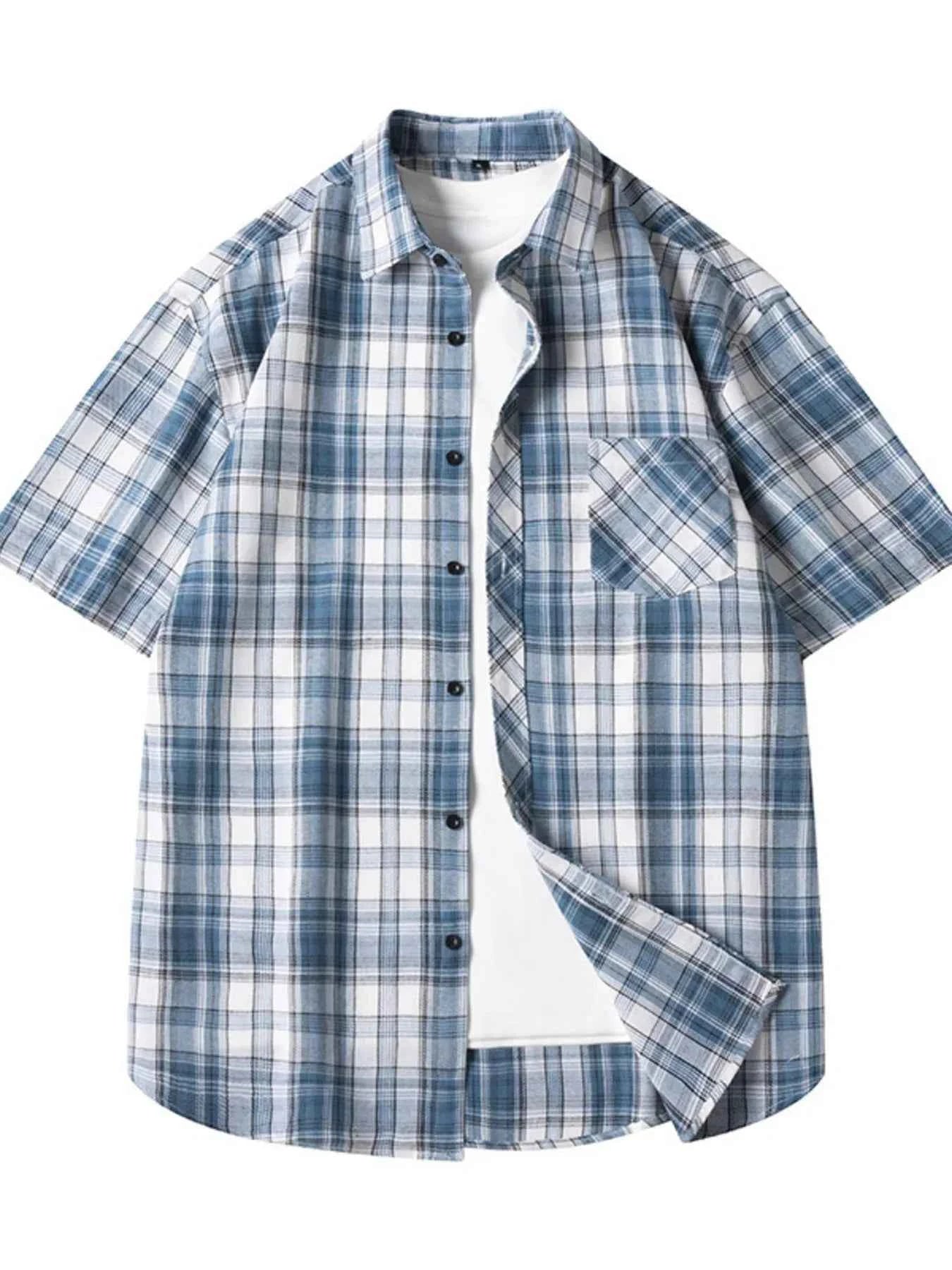 TEEK - Mens Plus Size Casual Plaid Short Sleeve Shirt TOPS TEEK Trend Dark Blue M