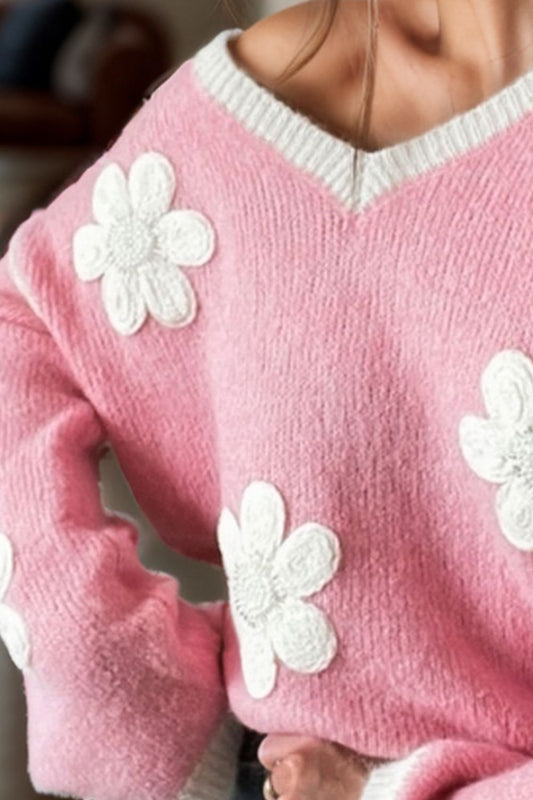 TEEK - Blush Pink Flower V-Neck Dropped Shoulder Sweater SWEATER TEEK Trend