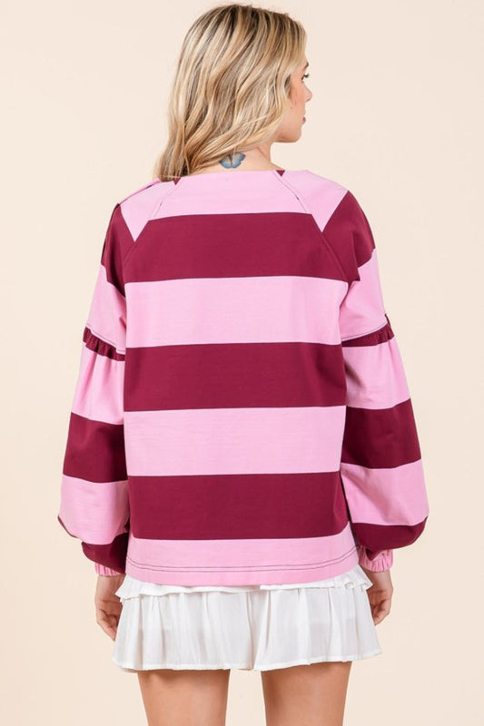 TEEK - Pink Wine Striped Snap Shoulder Long Sleeve T-Shirt TOPS TEEK Trend