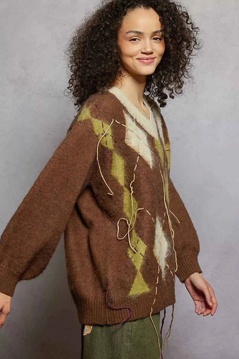 TEEK - V-Neck Argyle Pattern Mohair Contrast Exposed Stitch Sweater TOPS TEEK Trend